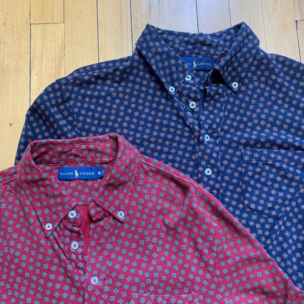 TWO Ralph Lauren Mens Red/Navy Square Shape Long Sleeve Polo Shirt Sz M Medium